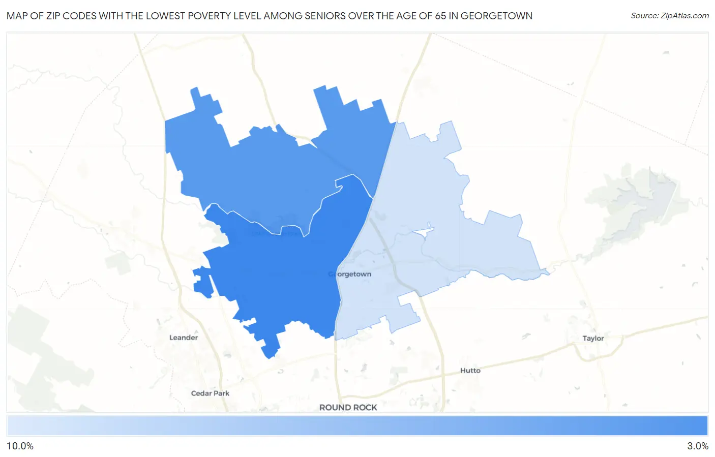 Zip Codes with the Lowest Poverty Level Among Seniors Over the Age of 65 in Georgetown Map