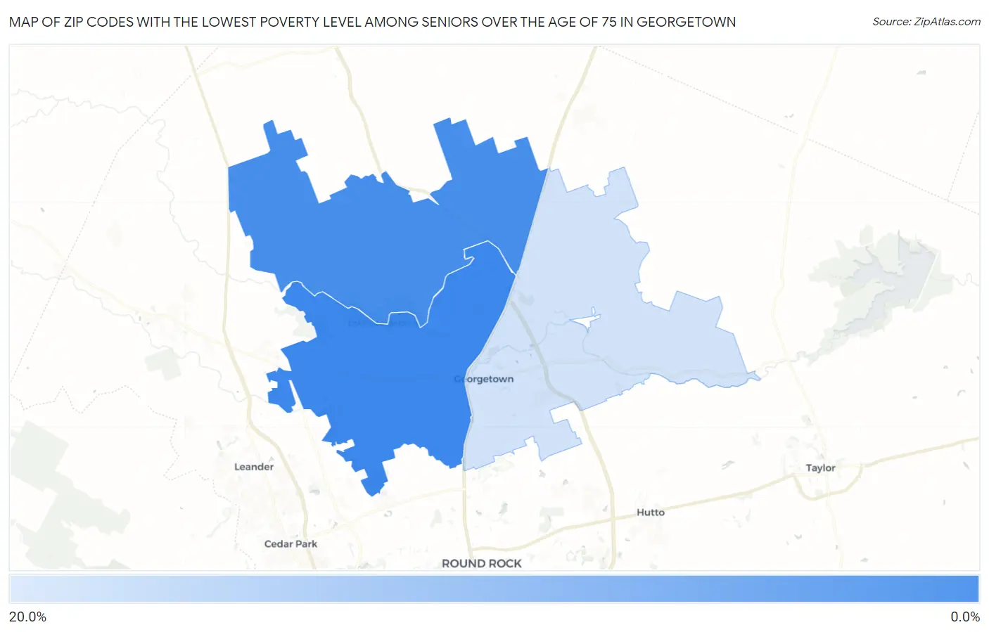 Zip Codes with the Lowest Poverty Level Among Seniors Over the Age of 75 in Georgetown Map