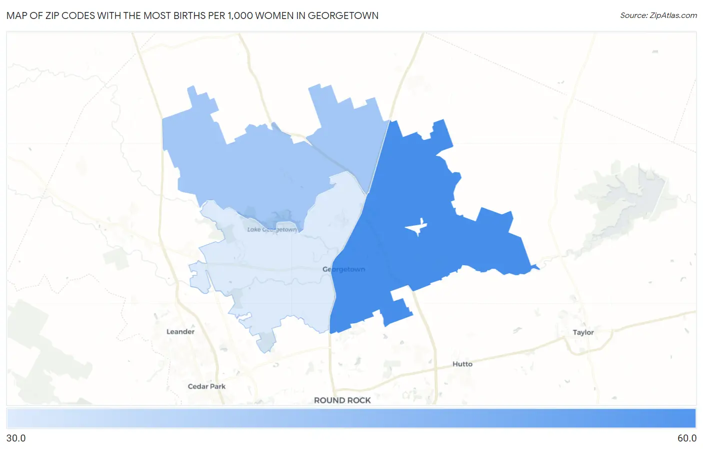 Zip Codes with the Most Births per 1,000 Women in Georgetown Map