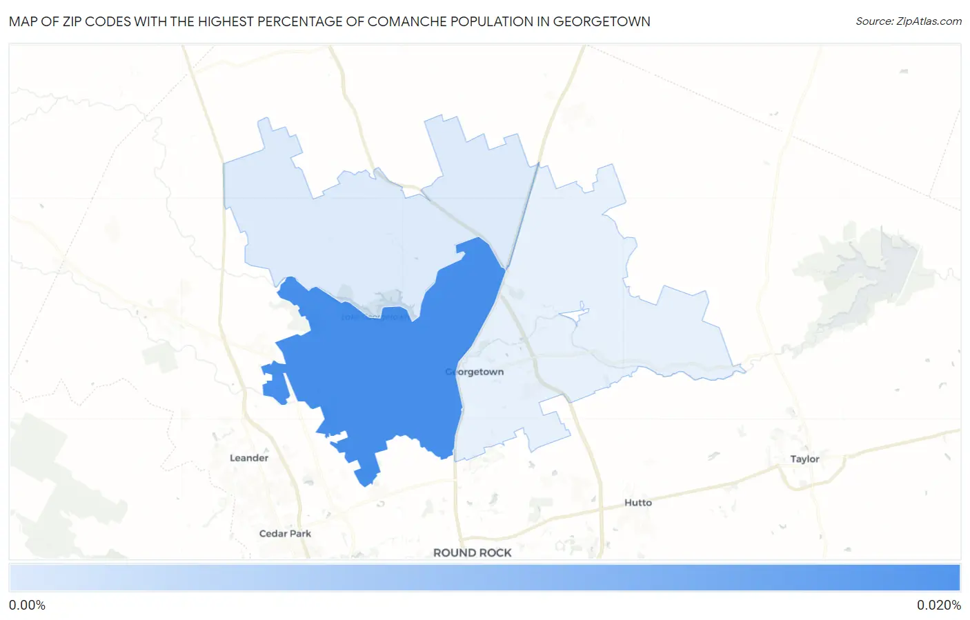 Zip Codes with the Highest Percentage of Comanche Population in Georgetown Map