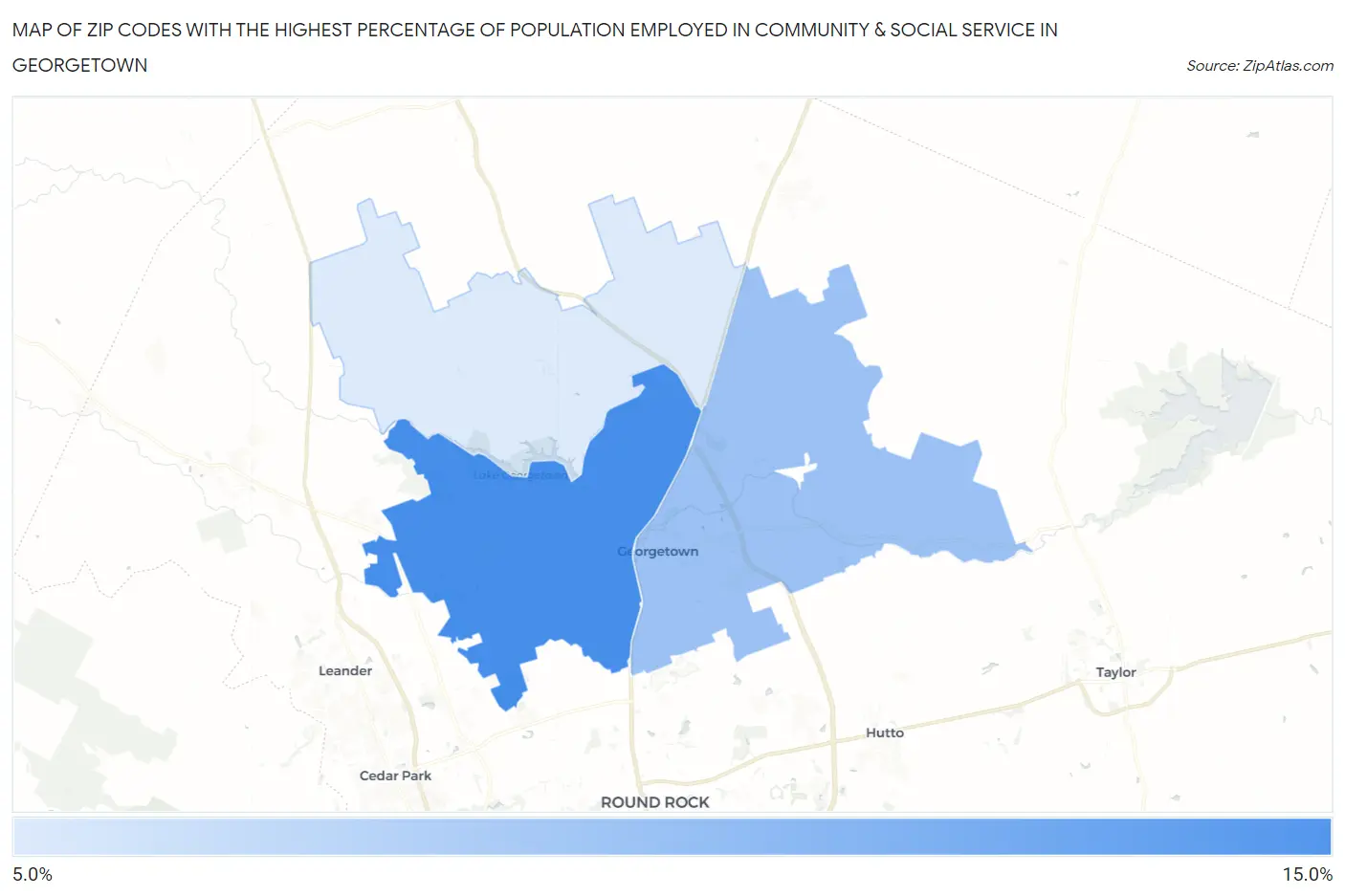 Zip Codes with the Highest Percentage of Population Employed in Community & Social Service  in Georgetown Map