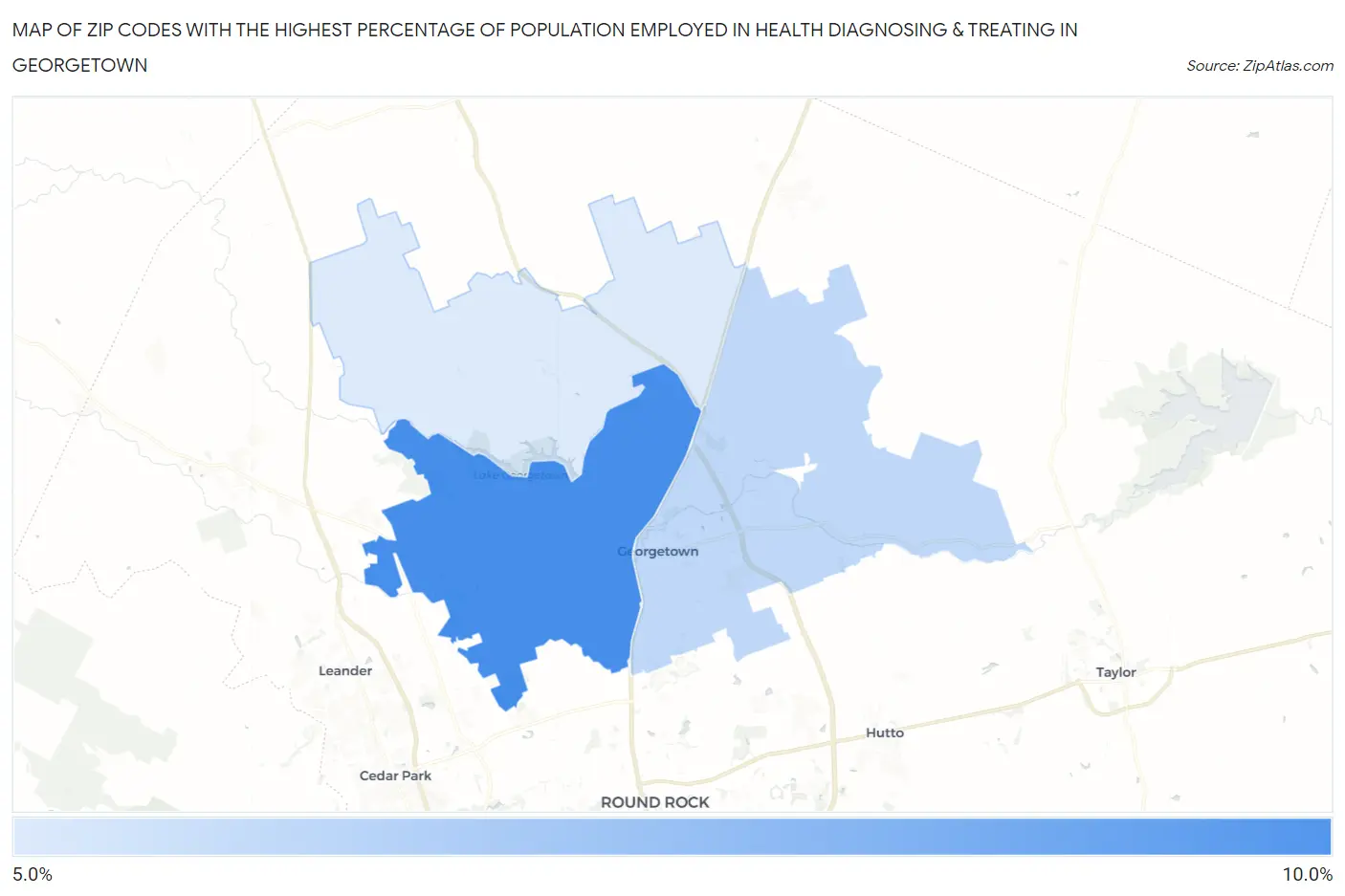 Zip Codes with the Highest Percentage of Population Employed in Health Diagnosing & Treating in Georgetown Map