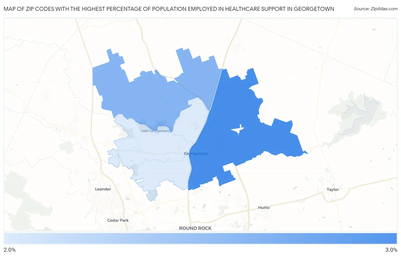 Zip Codes with the Highest Percentage of Population Employed in Healthcare Support in Georgetown Map