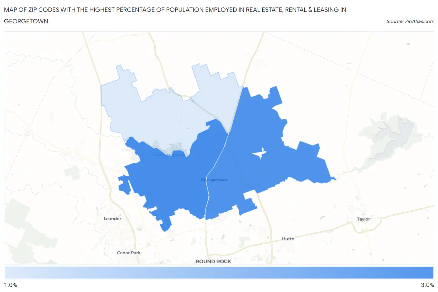 Zip Codes with the Highest Percentage of Population Employed in Real Estate, Rental & Leasing in Georgetown Map