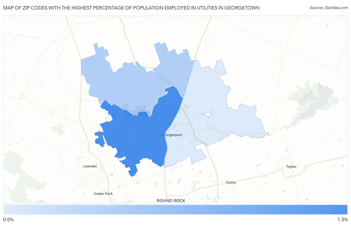 Zip Codes with the Highest Percentage of Population Employed in Utilities in Georgetown Map