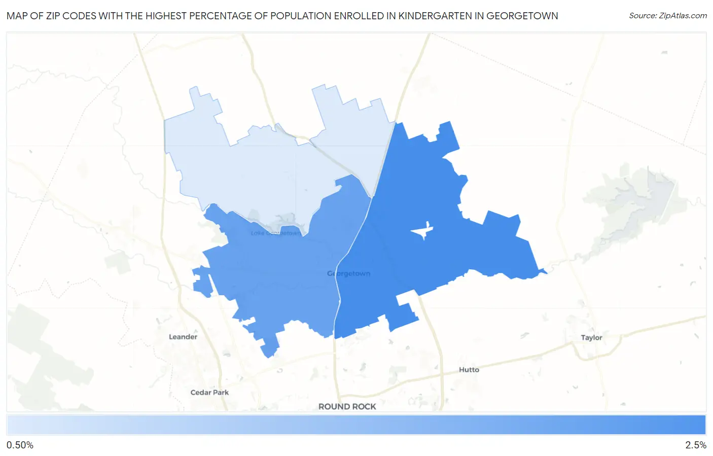 Zip Codes with the Highest Percentage of Population Enrolled in Kindergarten in Georgetown Map