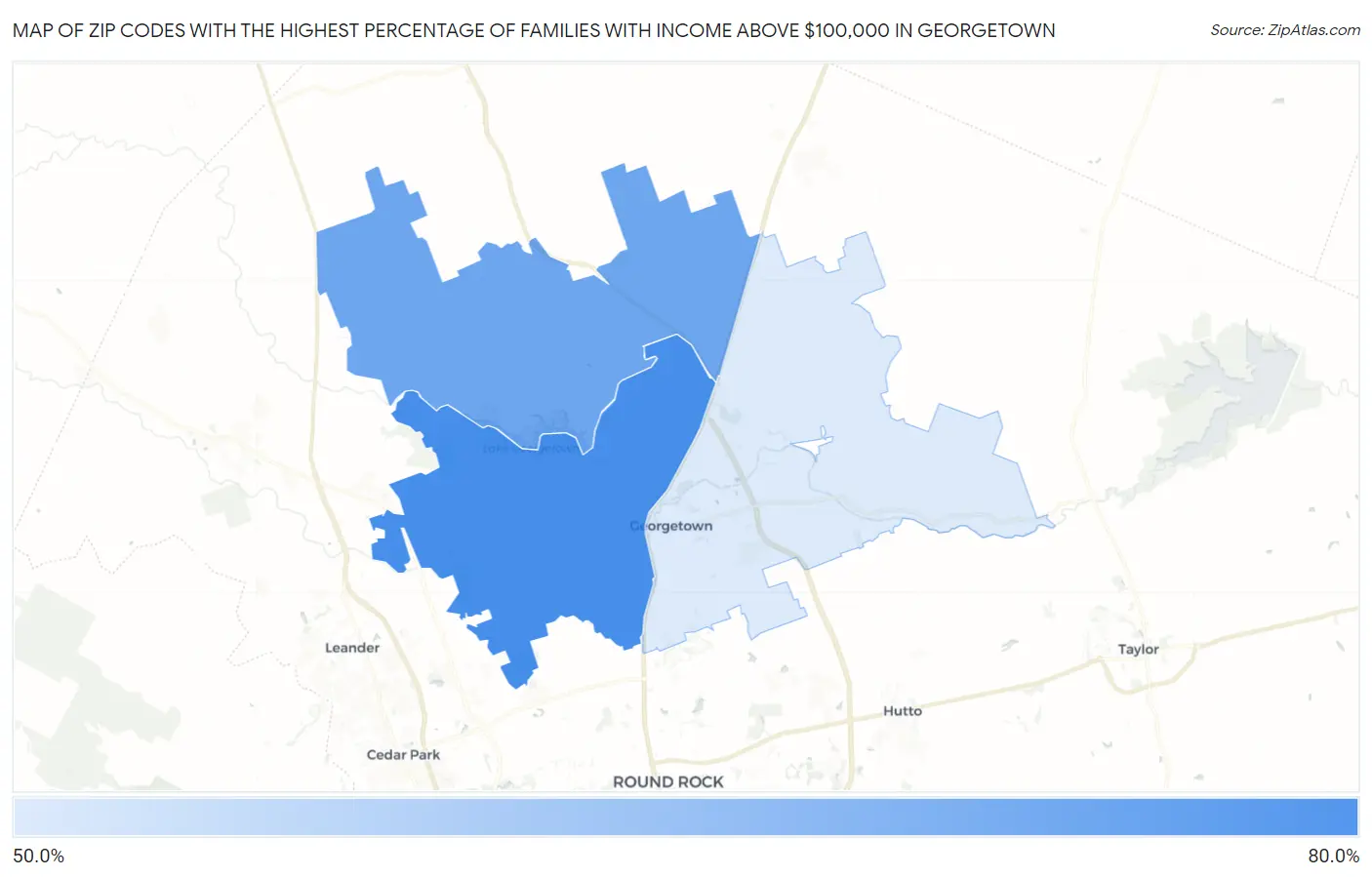 Zip Codes with the Highest Percentage of Families with Income Above $100,000 in Georgetown Map
