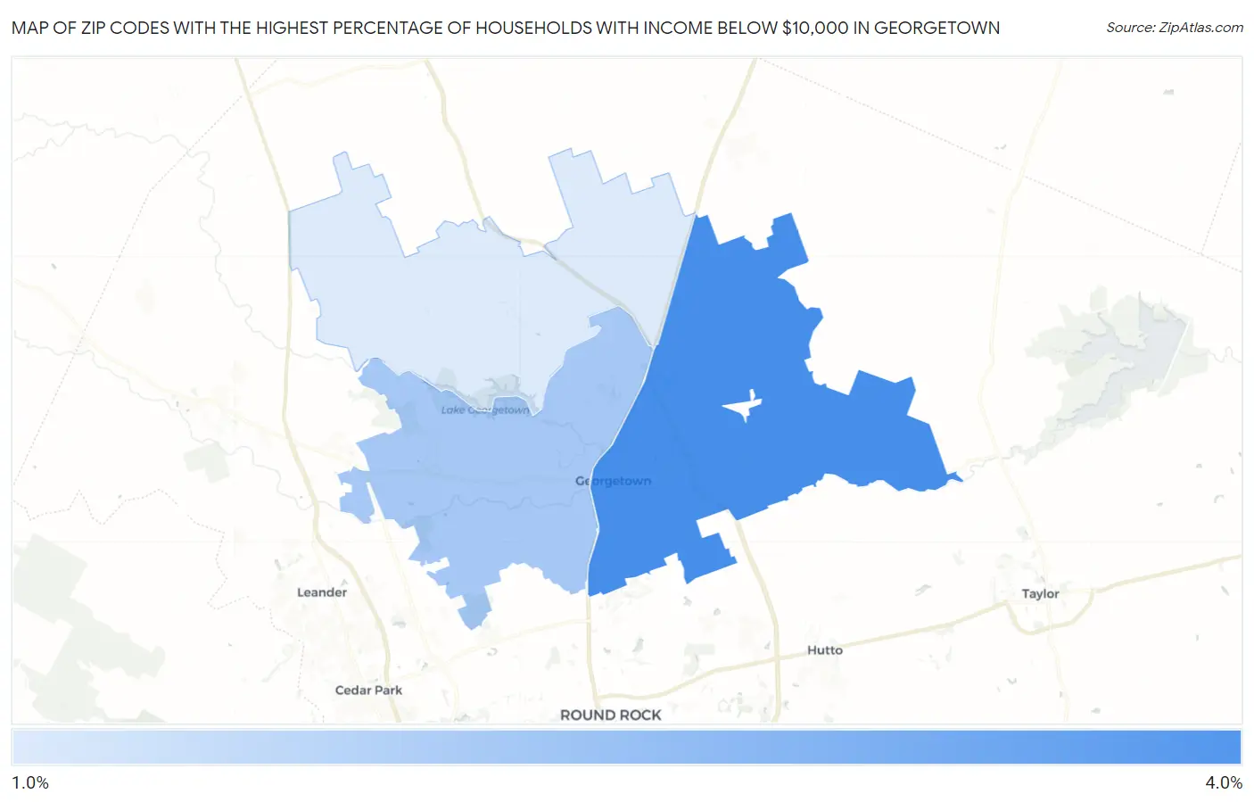 Zip Codes with the Highest Percentage of Households with Income Below $10,000 in Georgetown Map