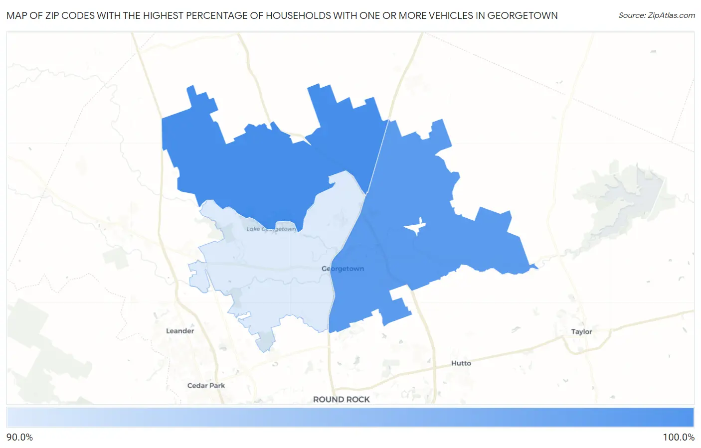 Zip Codes with the Highest Percentage of Households With One or more Vehicles in Georgetown Map