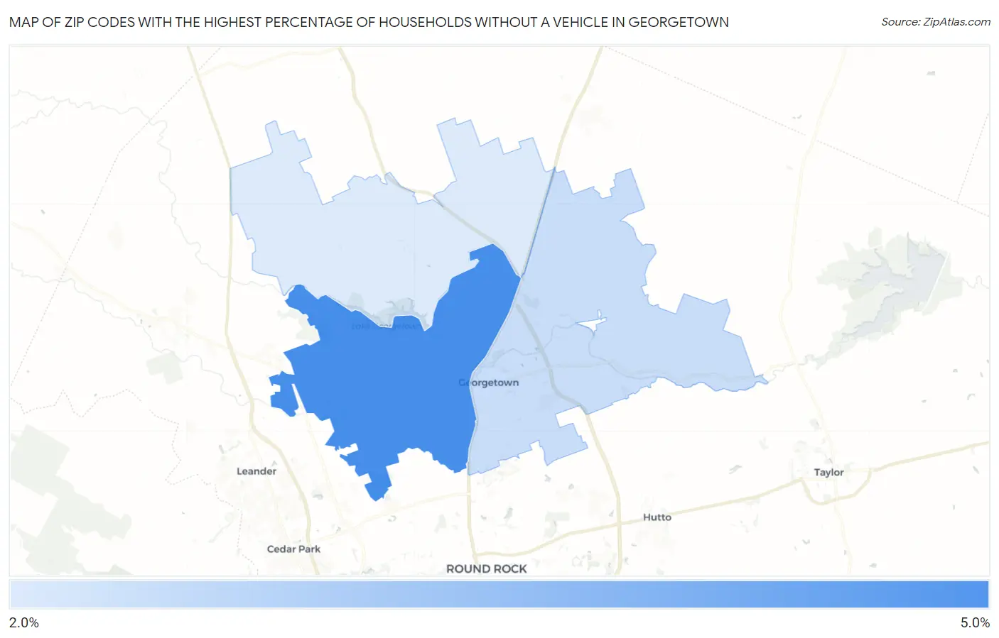 Zip Codes with the Highest Percentage of Households Without a Vehicle in Georgetown Map
