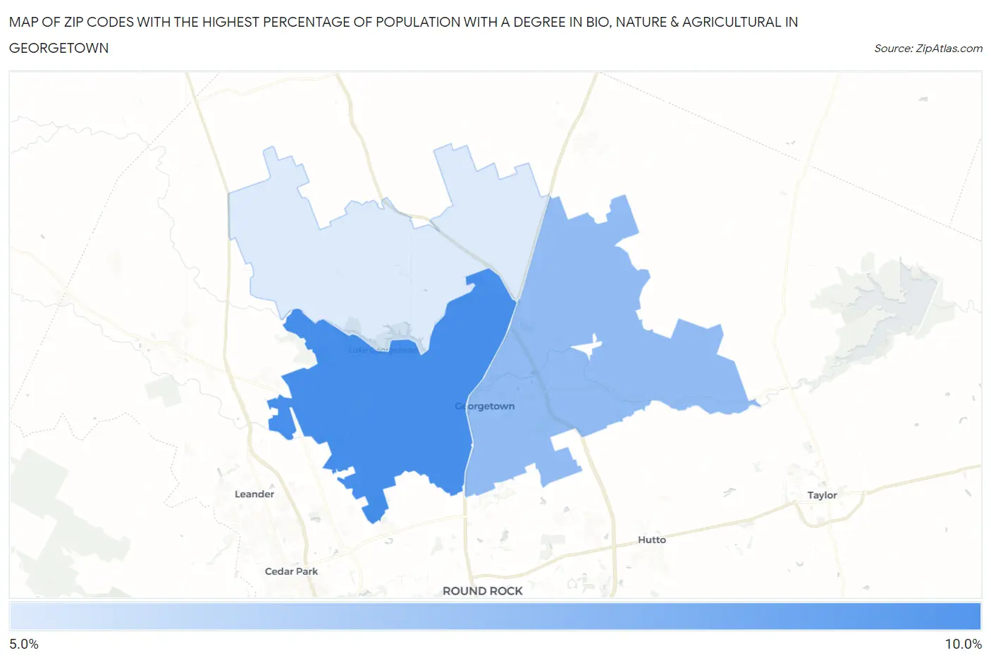Zip Codes with the Highest Percentage of Population with a Degree in Bio, Nature & Agricultural in Georgetown Map