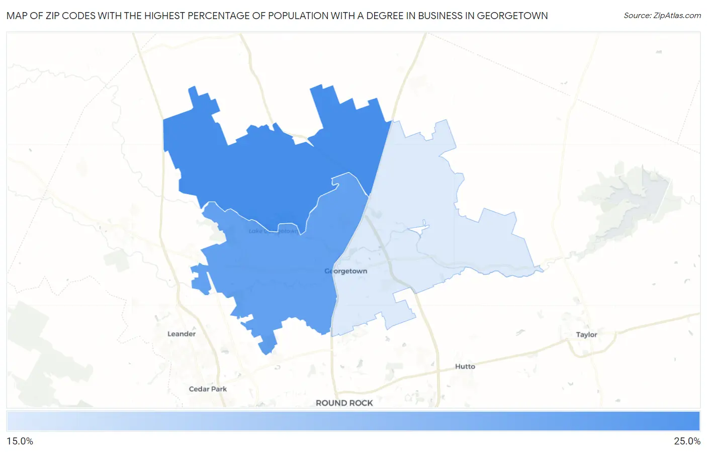 Zip Codes with the Highest Percentage of Population with a Degree in Business in Georgetown Map