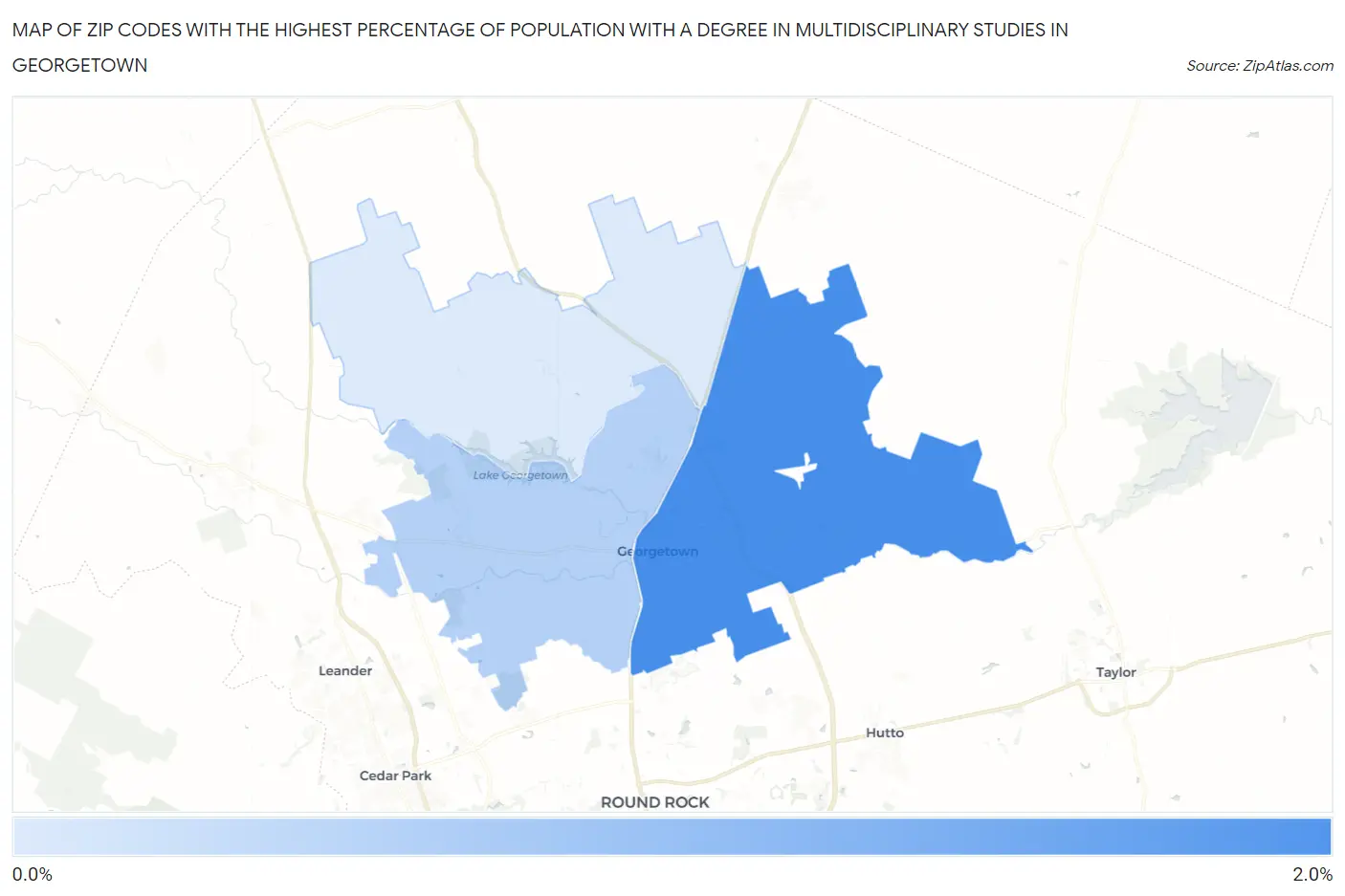 Zip Codes with the Highest Percentage of Population with a Degree in Multidisciplinary Studies in Georgetown Map