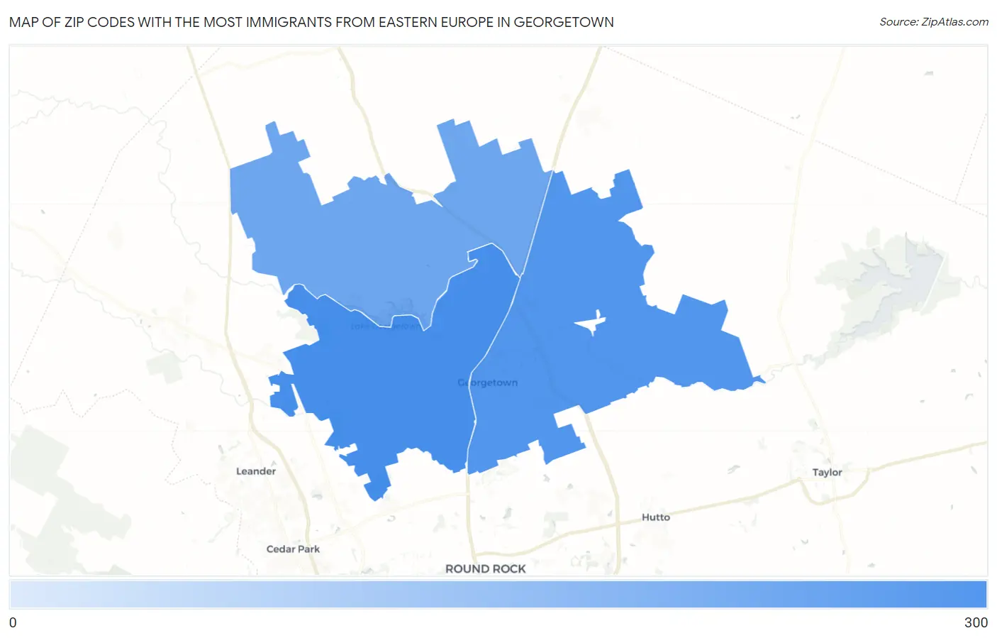 Zip Codes with the Most Immigrants from Eastern Europe in Georgetown Map