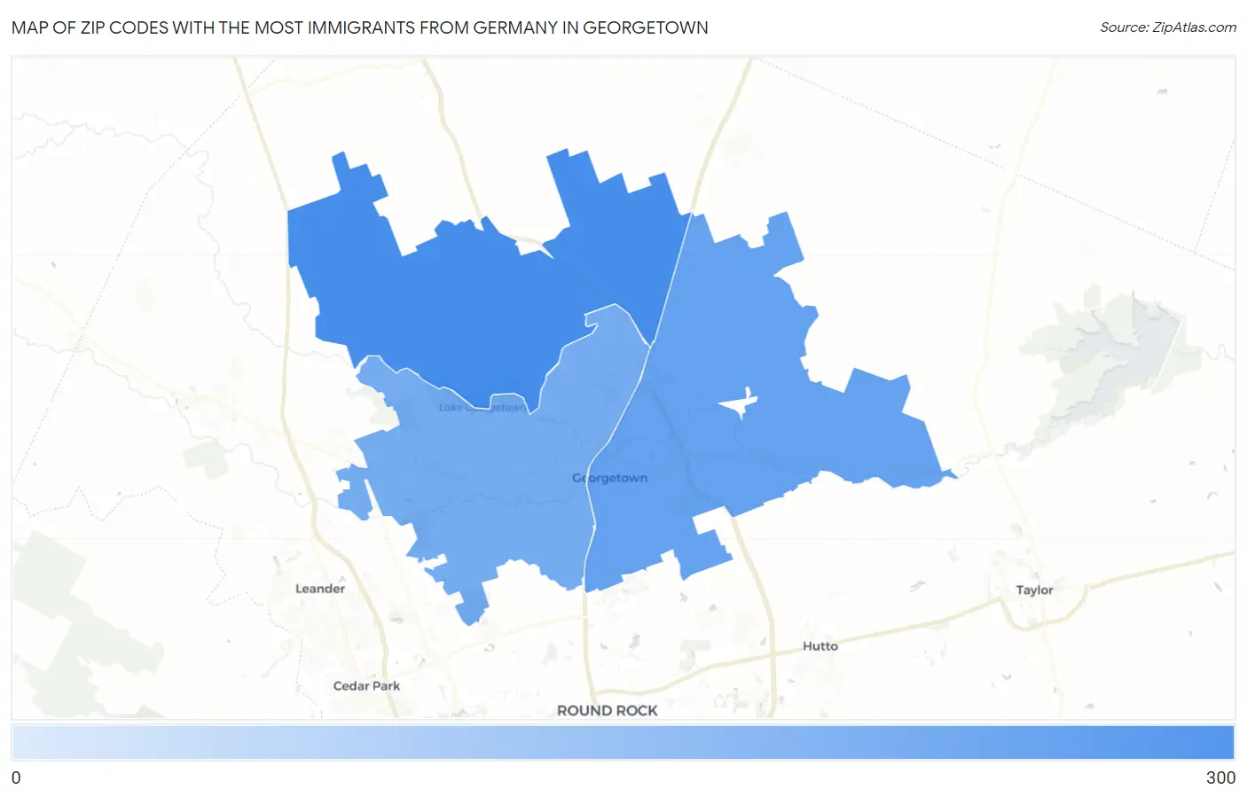Zip Codes with the Most Immigrants from Germany in Georgetown Map