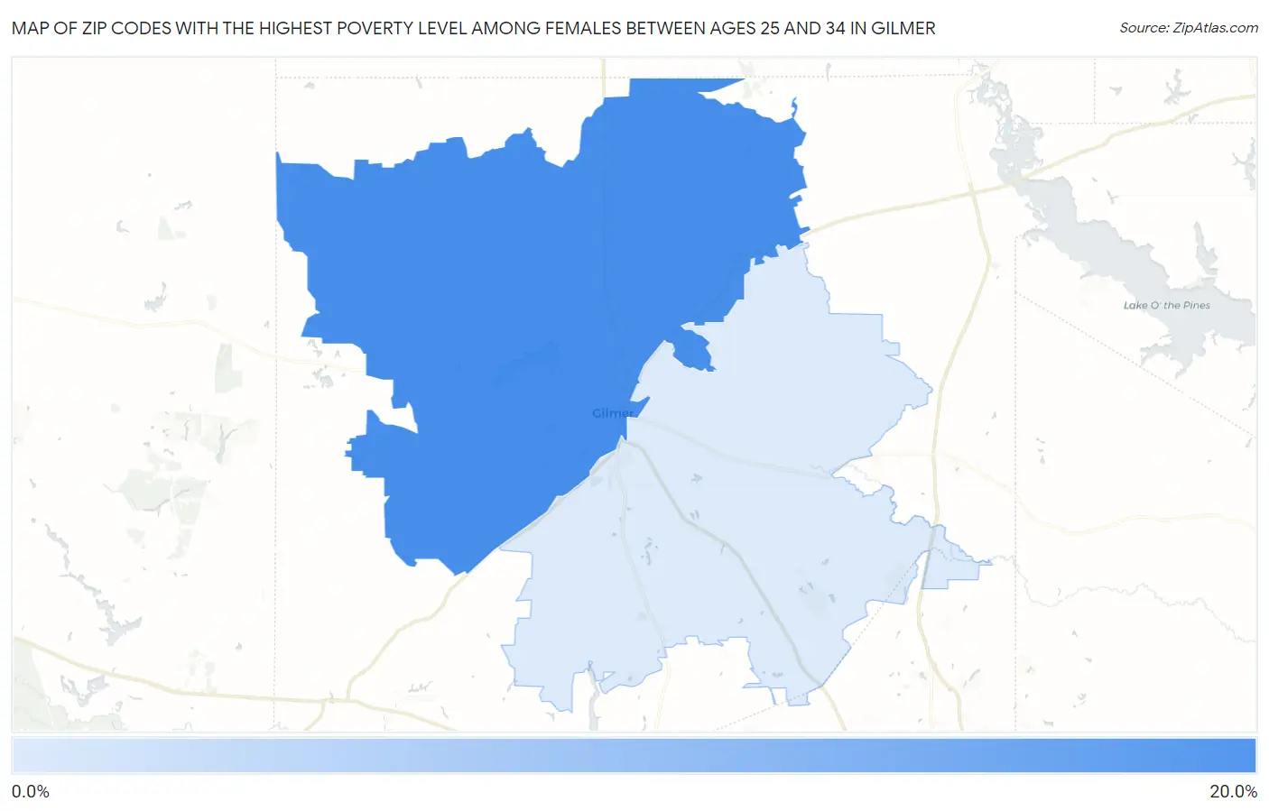 Zip Codes with the Highest Poverty Level Among Females Between Ages 25 and 34 in Gilmer Map