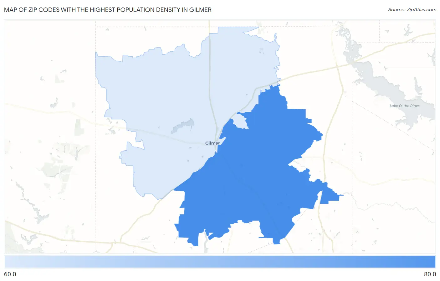 Zip Codes with the Highest Population Density in Gilmer Map