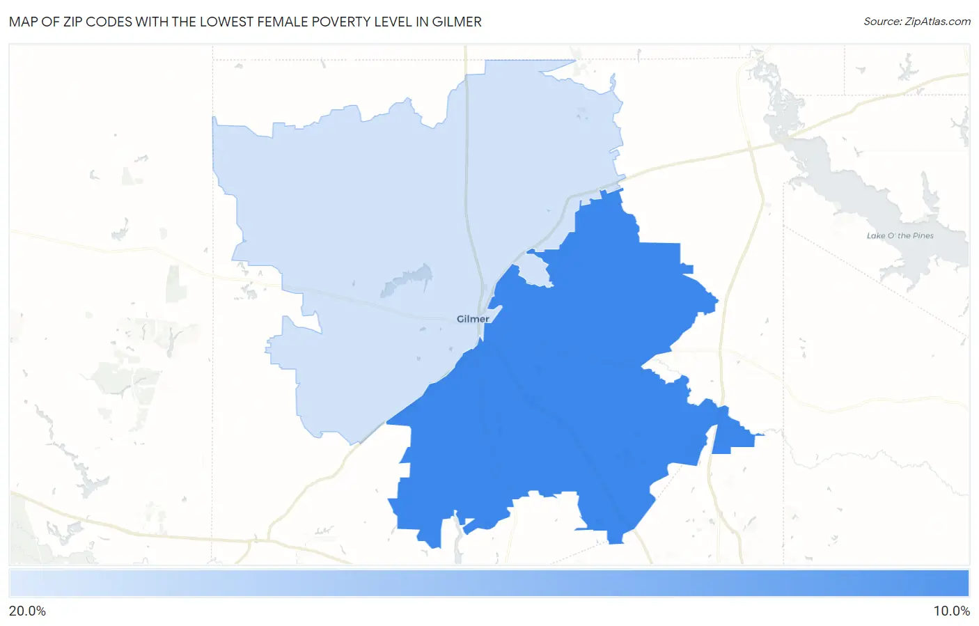 Zip Codes with the Lowest Female Poverty Level in Gilmer Map