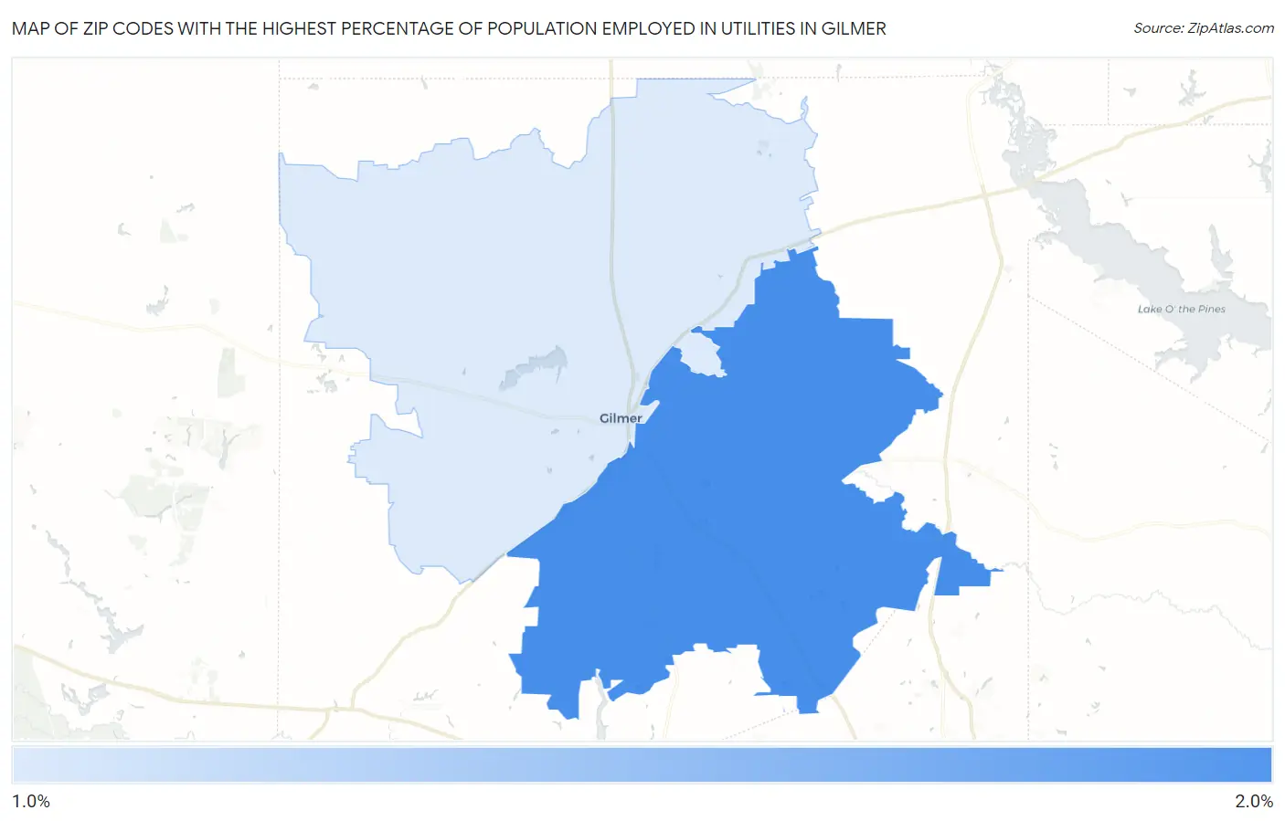 Zip Codes with the Highest Percentage of Population Employed in Utilities in Gilmer Map