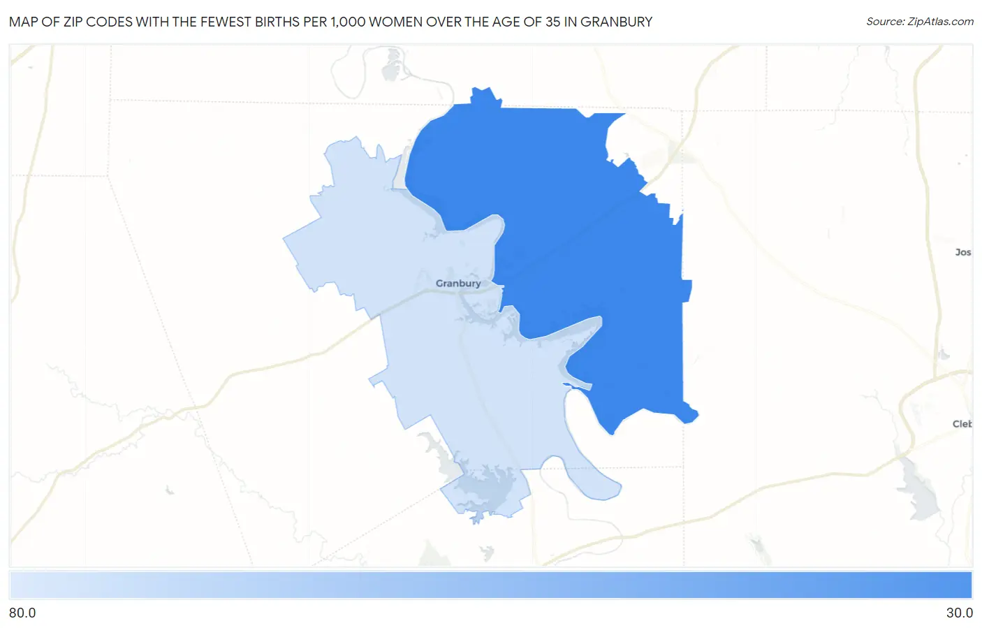 Zip Codes with the Fewest Births per 1,000 Women Over the Age of 35 in Granbury Map