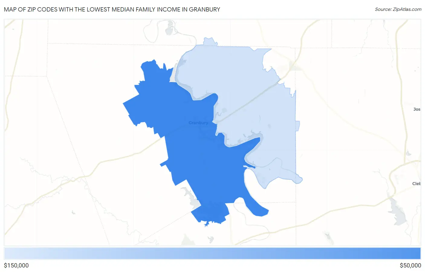 Zip Codes with the Lowest Median Family Income in Granbury Map