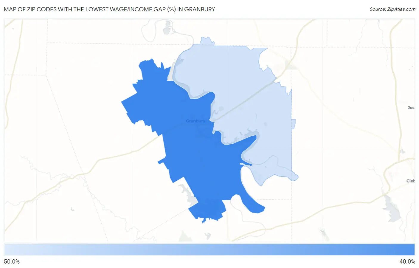 Zip Codes with the Lowest Wage/Income Gap (%) in Granbury Map