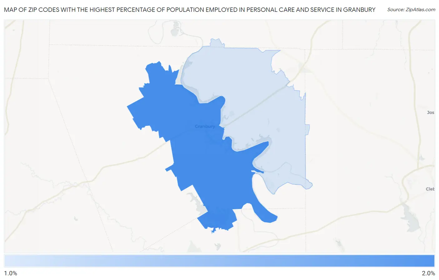 Zip Codes with the Highest Percentage of Population Employed in Personal Care and Service in Granbury Map