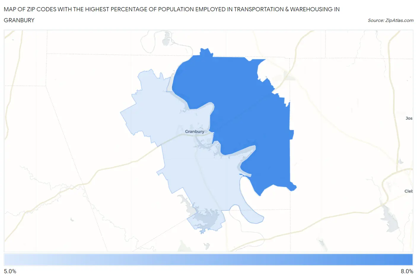 Zip Codes with the Highest Percentage of Population Employed in Transportation & Warehousing in Granbury Map