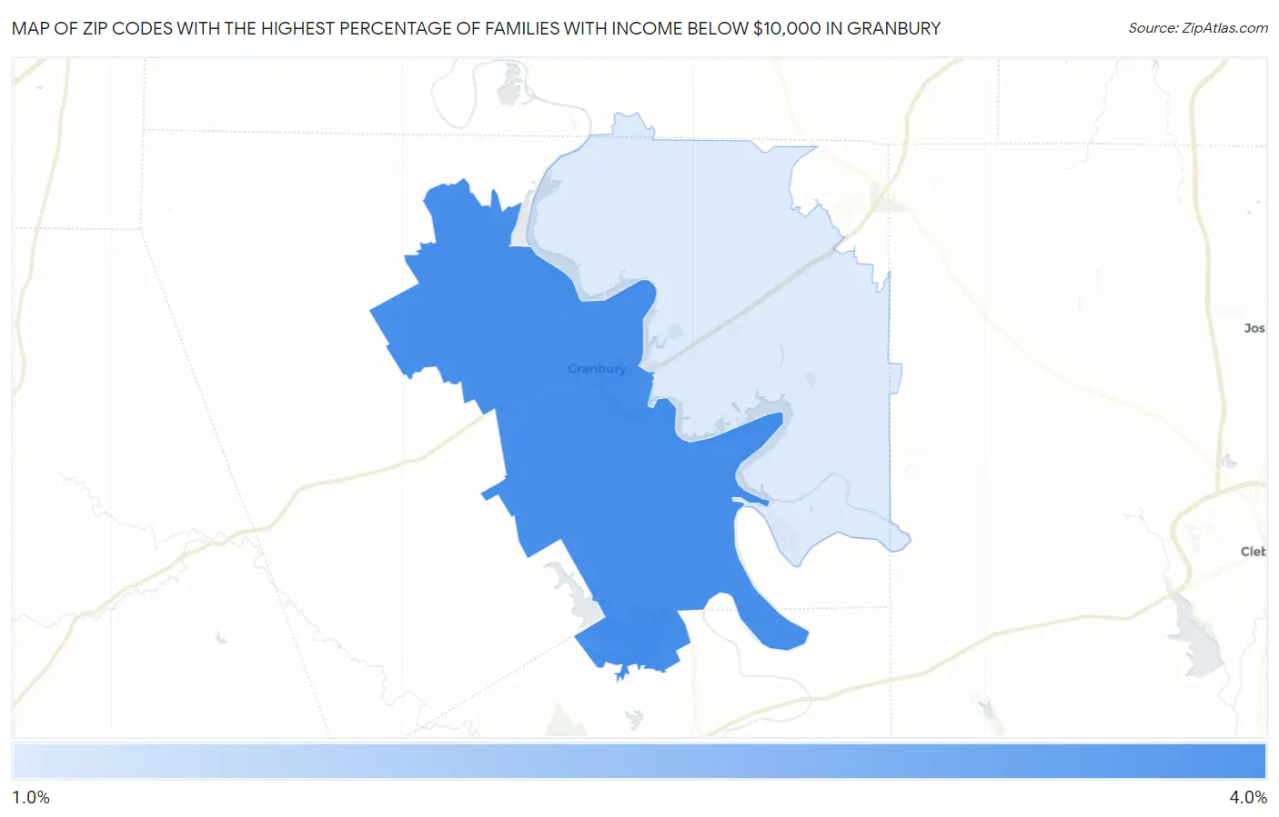 Zip Codes with the Highest Percentage of Families with Income Below $10,000 in Granbury Map