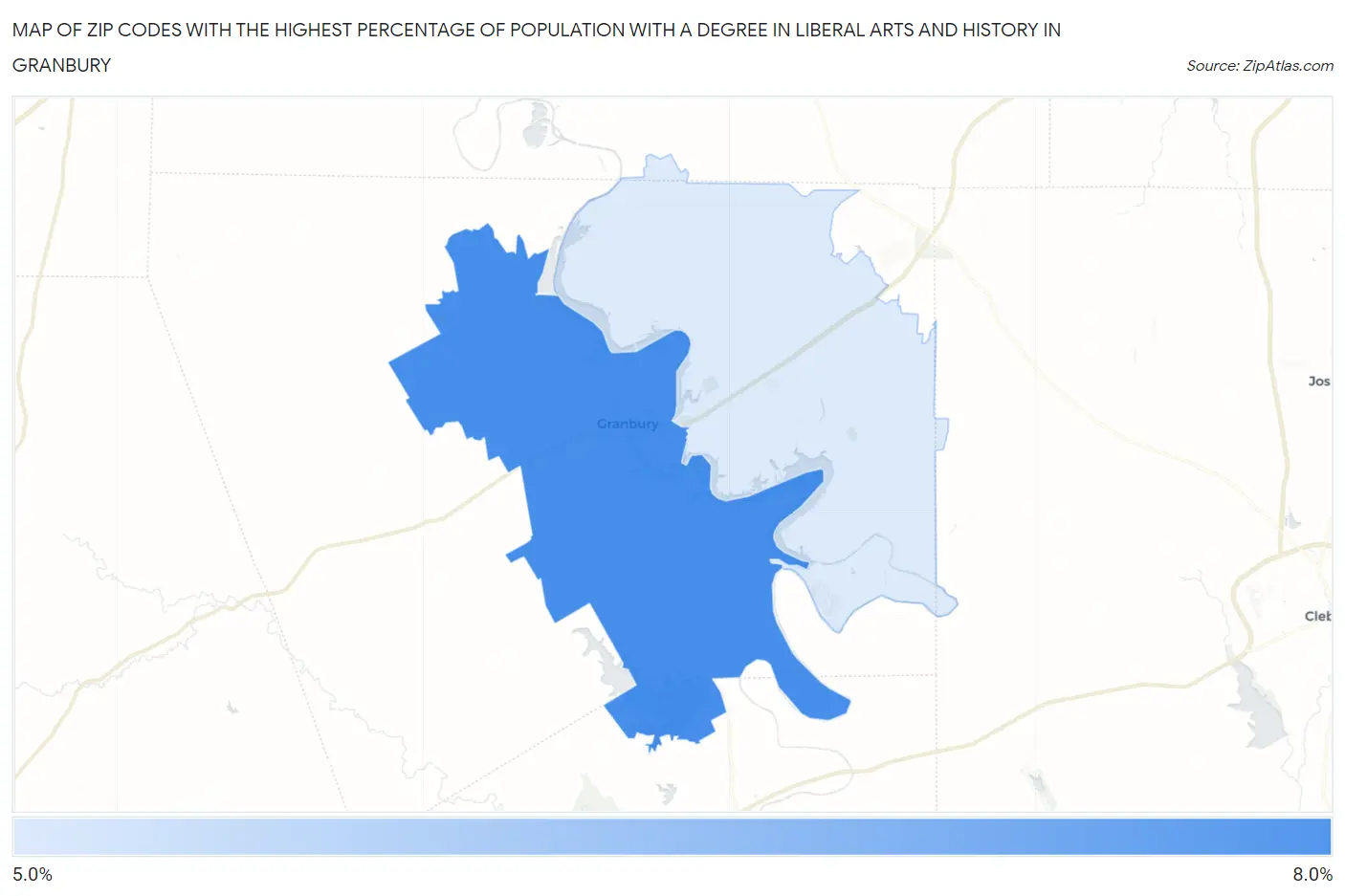 Zip Codes with the Highest Percentage of Population with a Degree in Liberal Arts and History in Granbury Map