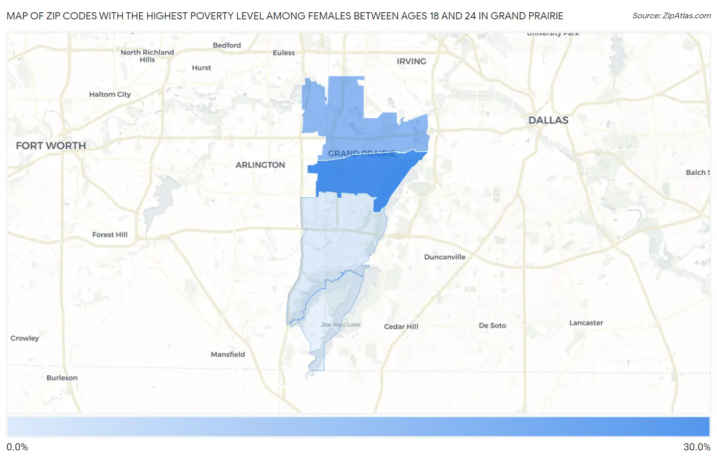 Zip Codes with the Highest Poverty Level Among Females Between Ages 18 and 24 in Grand Prairie Map