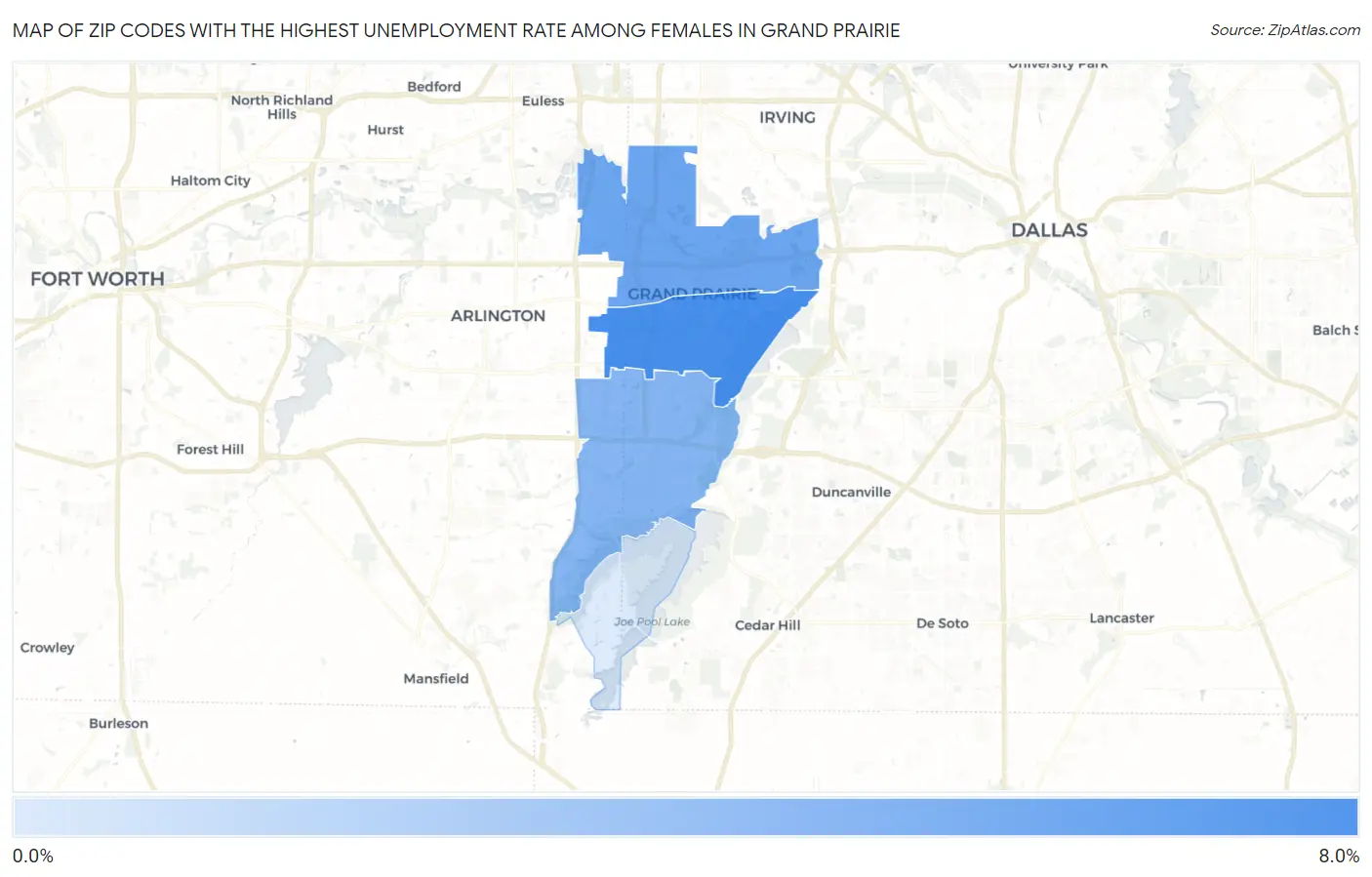 Zip Codes with the Highest Unemployment Rate Among Females in Grand Prairie Map