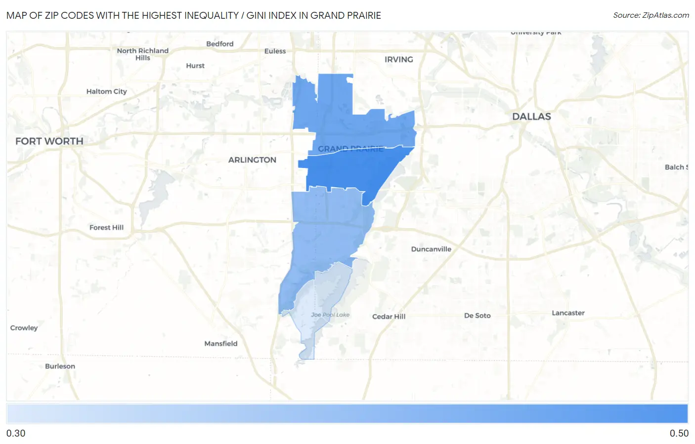 Zip Codes with the Highest Inequality / Gini Index in Grand Prairie Map