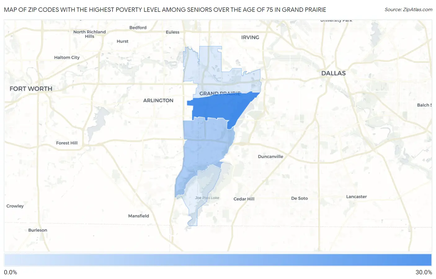 Zip Codes with the Highest Poverty Level Among Seniors Over the Age of 75 in Grand Prairie Map