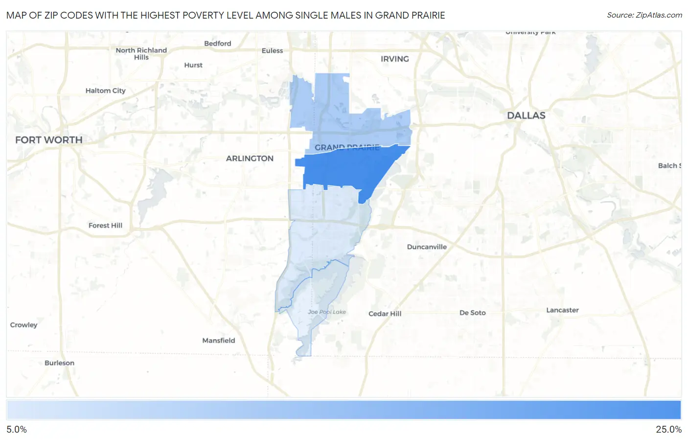 Zip Codes with the Highest Poverty Level Among Single Males in Grand Prairie Map