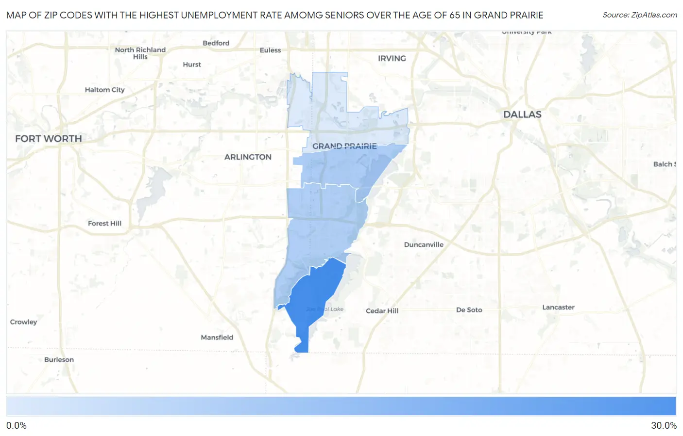 Zip Codes with the Highest Unemployment Rate Amomg Seniors Over the Age of 65 in Grand Prairie Map