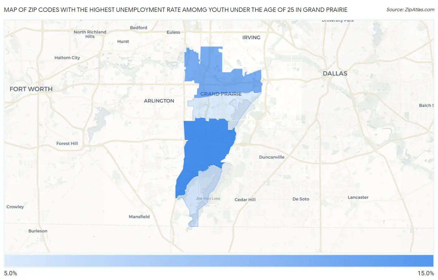 Zip Codes with the Highest Unemployment Rate Amomg Youth Under the Age of 25 in Grand Prairie Map