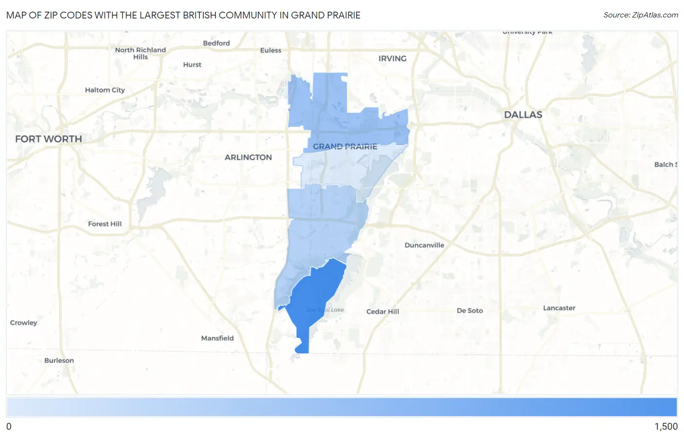 Zip Codes with the Largest British Community in Grand Prairie Map