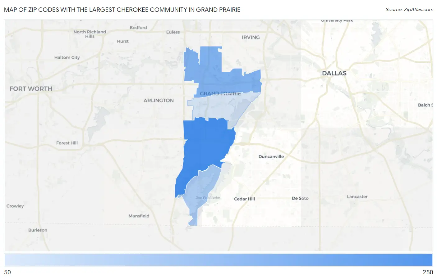 Zip Codes with the Largest Cherokee Community in Grand Prairie Map