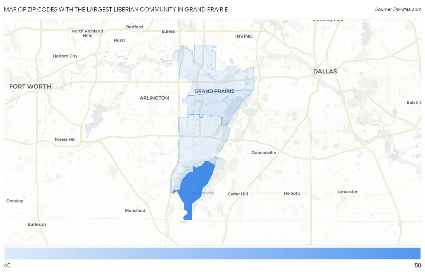 Zip Codes with the Largest Liberian Community in Grand Prairie Map