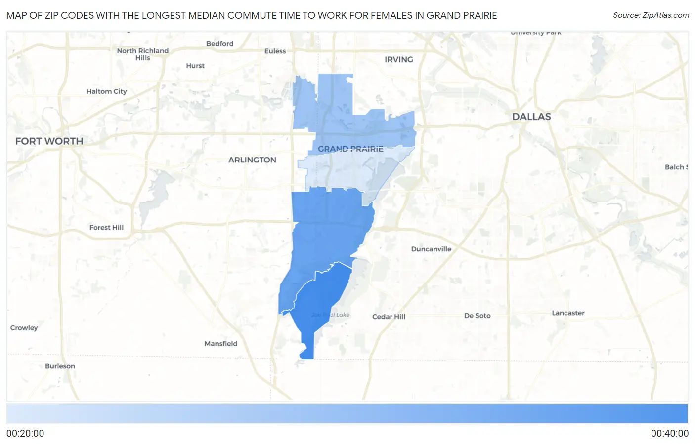 Zip Codes with the Longest Median Commute Time to Work for Females in Grand Prairie Map
