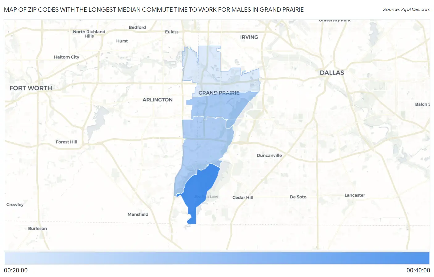Zip Codes with the Longest Median Commute Time to Work for Males in Grand Prairie Map