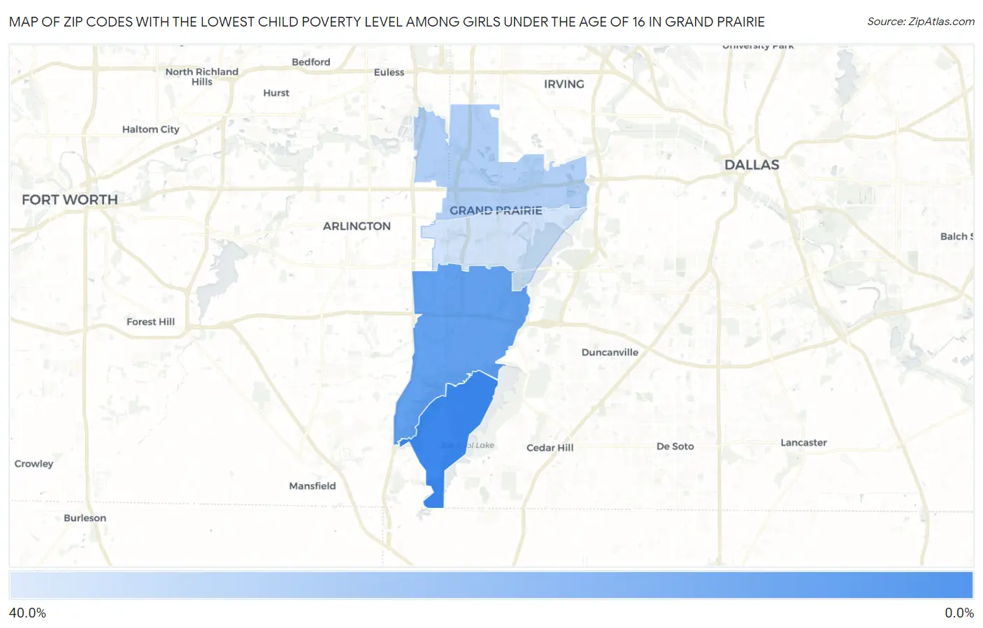 Zip Codes with the Lowest Child Poverty Level Among Girls Under the Age of 16 in Grand Prairie Map