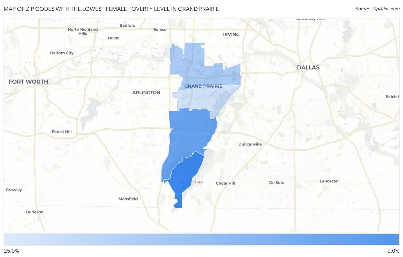 Zip Codes with the Lowest Female Poverty Level in Grand Prairie Map