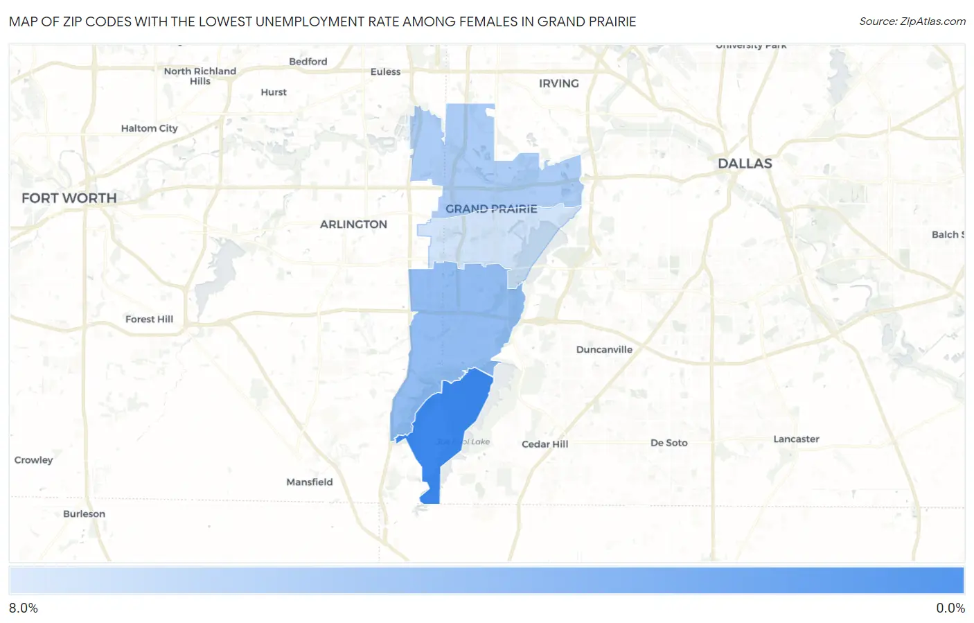 Zip Codes with the Lowest Unemployment Rate Among Females in Grand Prairie Map