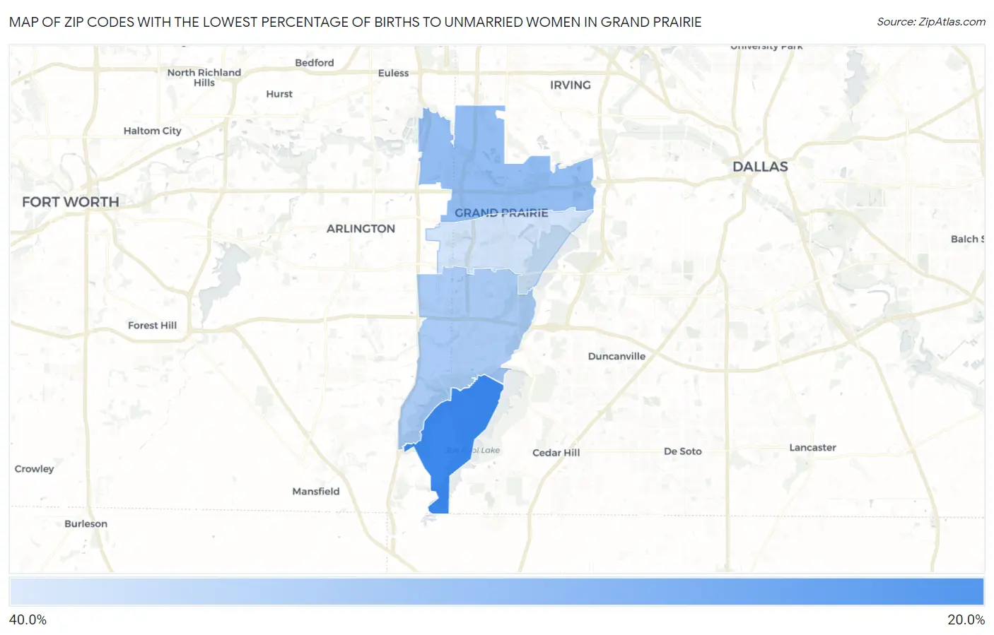 Zip Codes with the Lowest Percentage of Births to Unmarried Women in Grand Prairie Map
