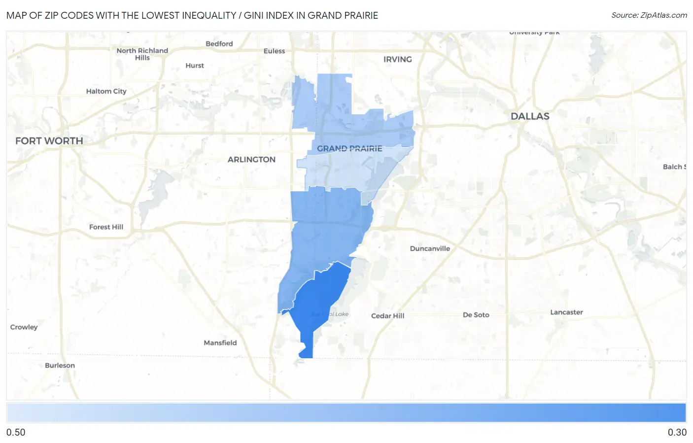 Zip Codes with the Lowest Inequality / Gini Index in Grand Prairie Map