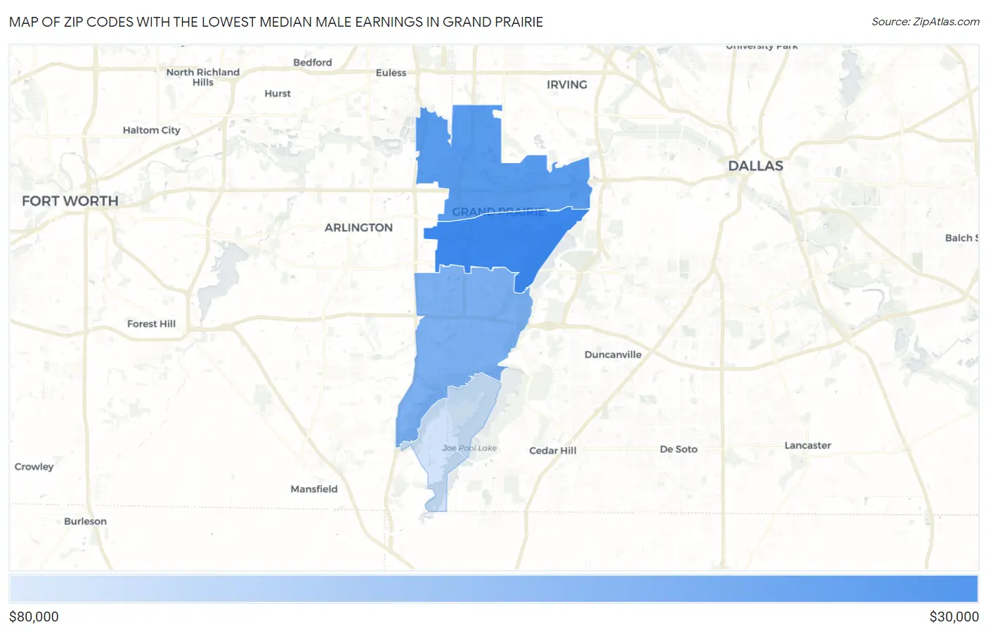 Zip Codes with the Lowest Median Male Earnings in Grand Prairie Map