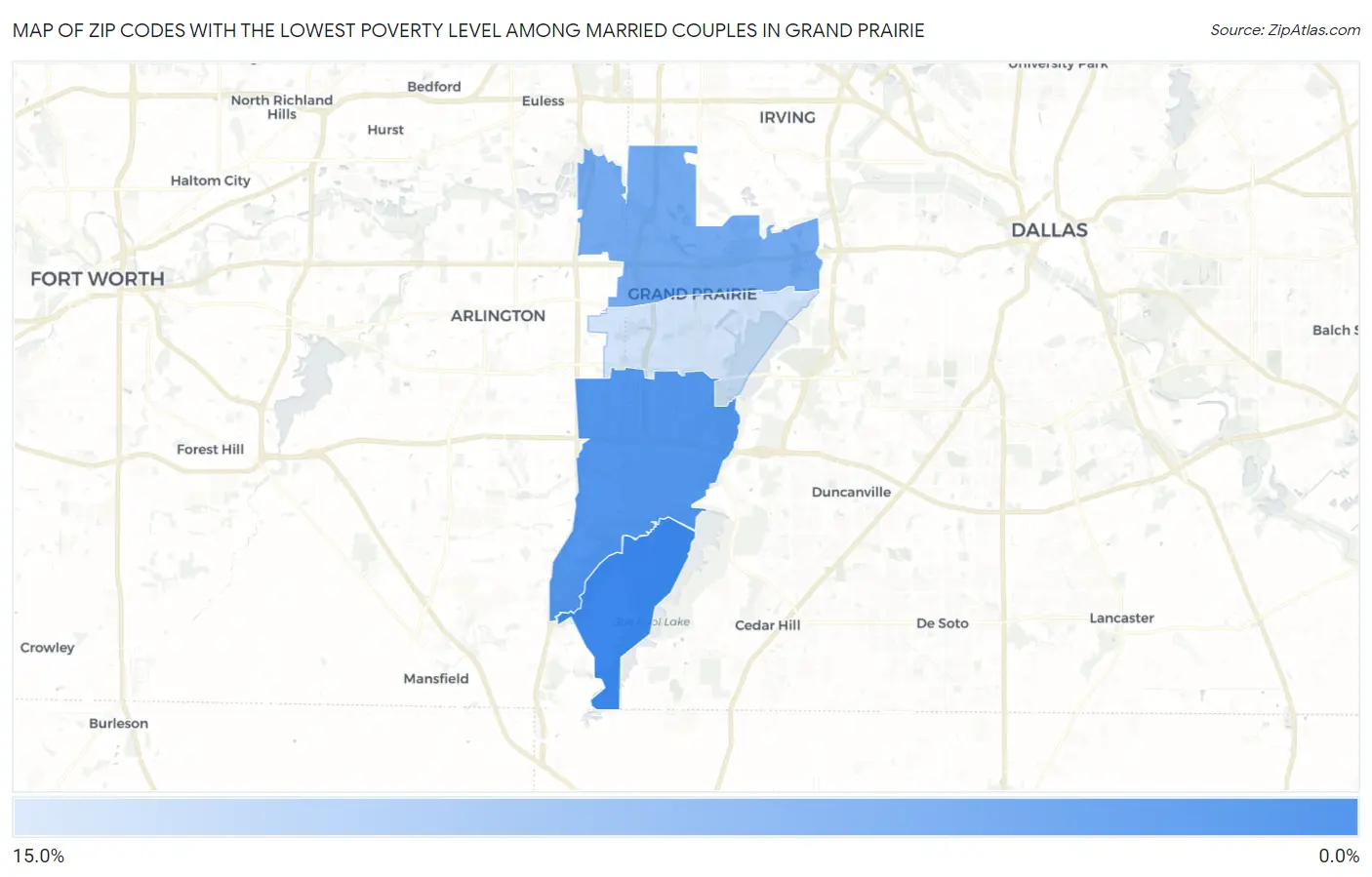 Zip Codes with the Lowest Poverty Level Among Married Couples in Grand Prairie Map