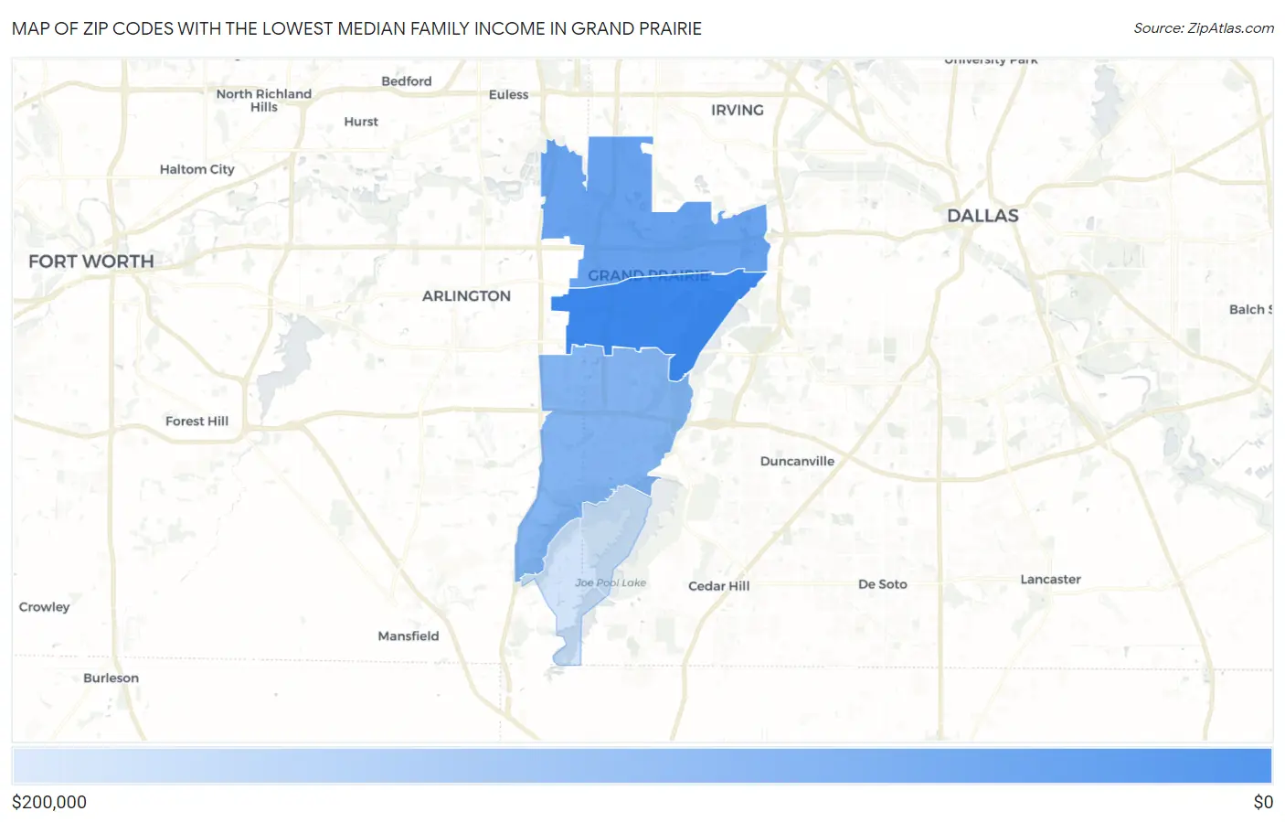 Zip Codes with the Lowest Median Family Income in Grand Prairie Map